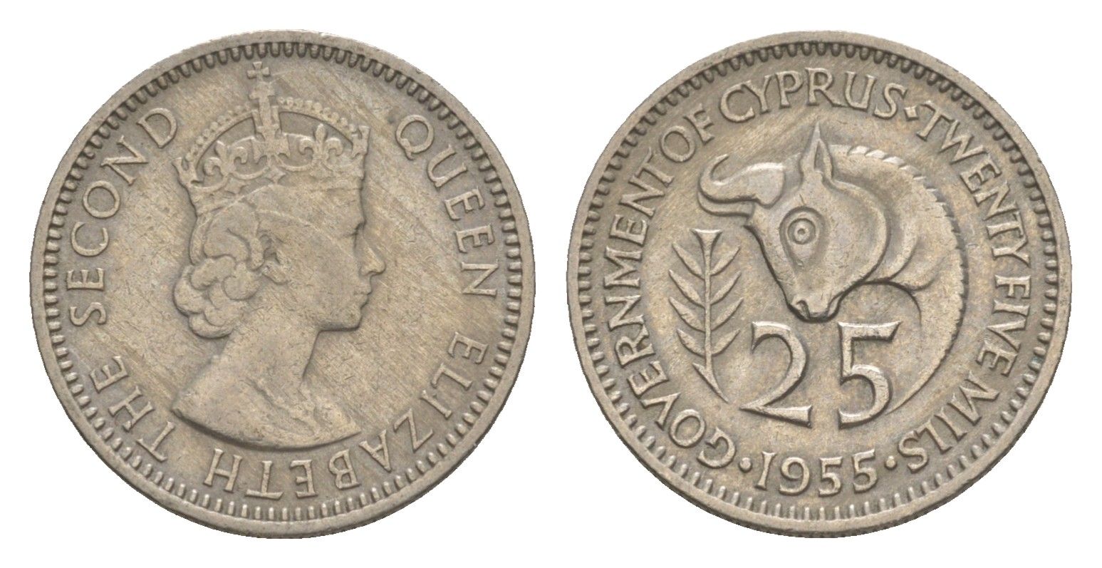 Кипр 25 милей 1955 Елизавета II (1952-2022) KM 35 медно-никель 4649-1166