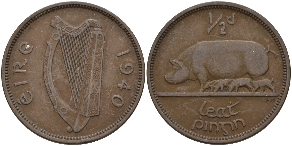 Ирландия 1/2 пенни 1940 свинья с поросятами KM 10 бронза 4146-535