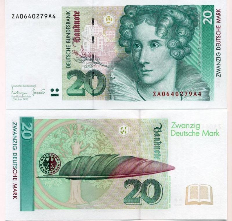 ФРГ 20 марок 1993 замещённая серия ZА,  Pick 39 b, Розенберг 304 b бумага UNC (пресс) 450-38-1