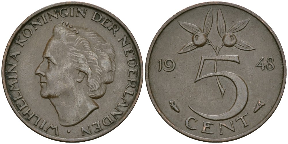 Нидерланды 5 центов 1948 Вильгельмина (1890-1948) KM 176 бронза 4579-616