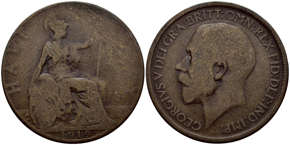 Великобритания 1/2 пенни 1919 Георг V (1910-1936) KM 809, Spink 4056 бронза 51-832