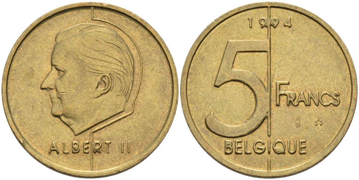 Бельгия 5 франков 1994 Belgique KM 189 алюминиевая бронза 4126-315