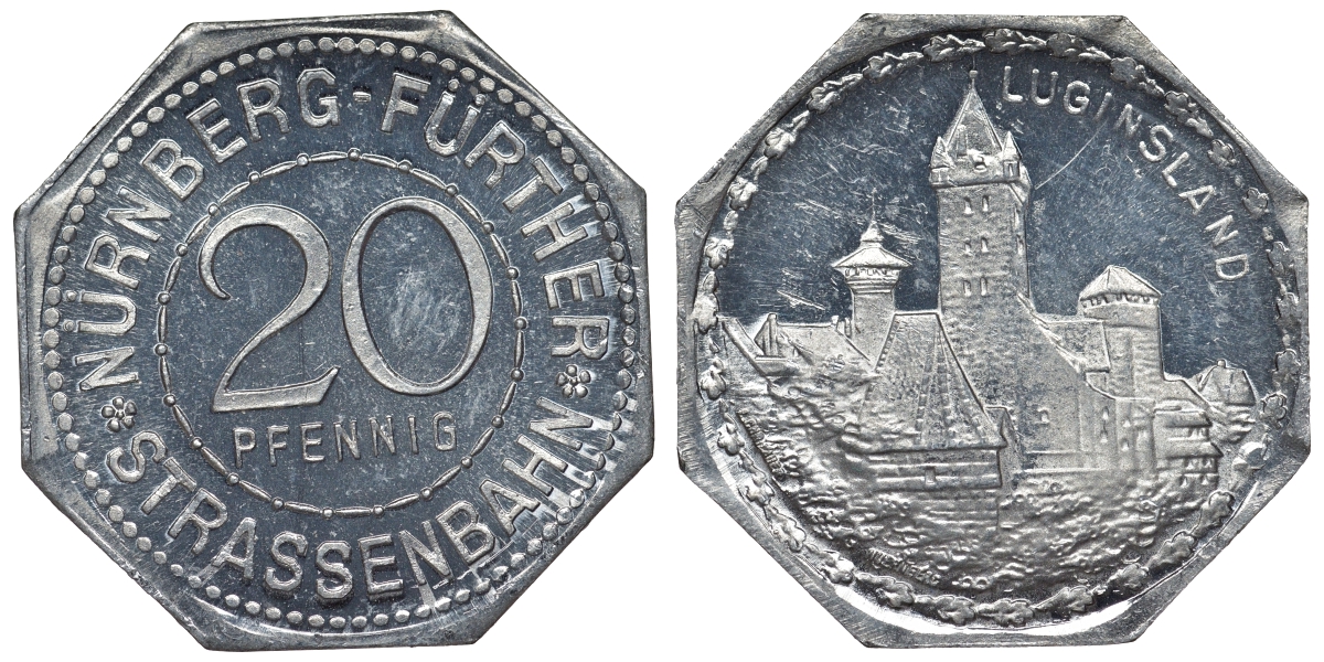 Германия, Нюрнберг - Фюрт 20 пфеннигов ND трамвайный жетон, смотровая башня алюминий UNC 4119-615