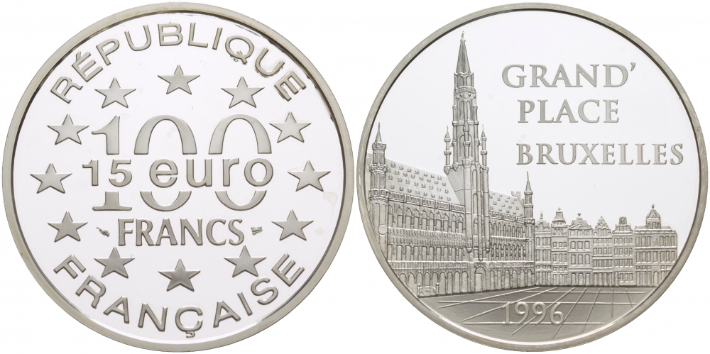 Франция 100 франков - 15 экю 1996 серия архитектурные монументы европы, Гран-Плас, историческая площадь в центре Брюсселя KM 1142 серебро PROOF 1085-9-53