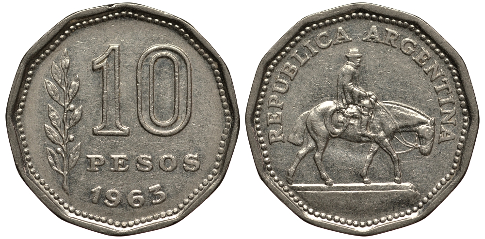 Аргентина 10 песо 1963 Гаучо KM 60 никелированная сталь 4182-512