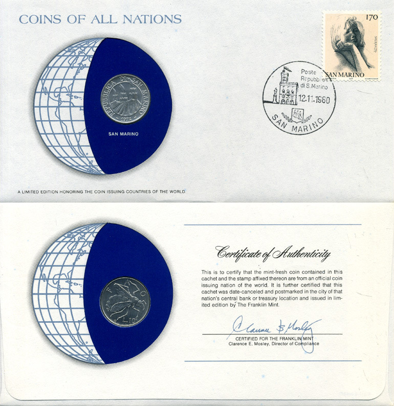Сан-Марино 10 лир 1974 ФАО, пчела, конверт с маркой первого дня гашения, Coins of Nations KM 33 алюминий UNC 4294-75-1