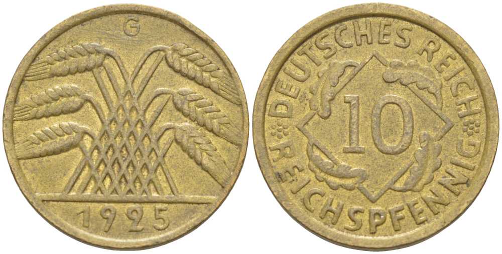 ГЕРМАНИЯ 10 РЕЙХСПФЕННИГОВ 1925 G KM 40, J. 317, Weege 9 алюминиевая бронза 212-754