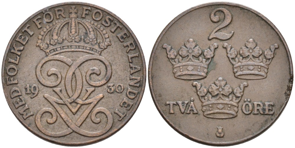 ШВЕЦИЯ 2 ЭРЕ 1930 ГУСТАВ V (1907-1950) KM 778 бронза 63-1235