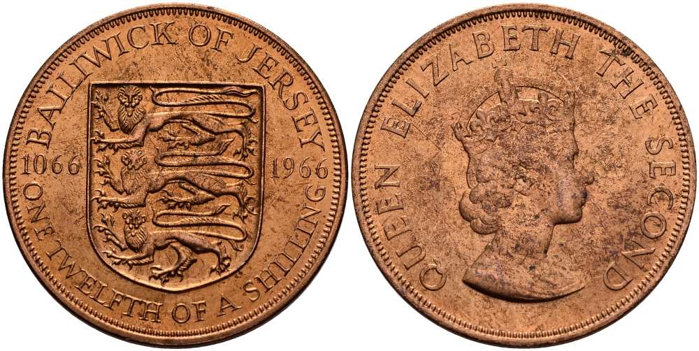 Джерси 1/12 шиллинга 1966 900 лет Нормандскому завоеванию KM 26 бронза UNC 4512-323