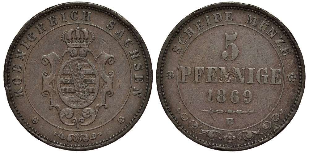 Саксония 5 пфеннигов 1869 В, Йоханн (1854-1873) KM 1219 медь 413-6043