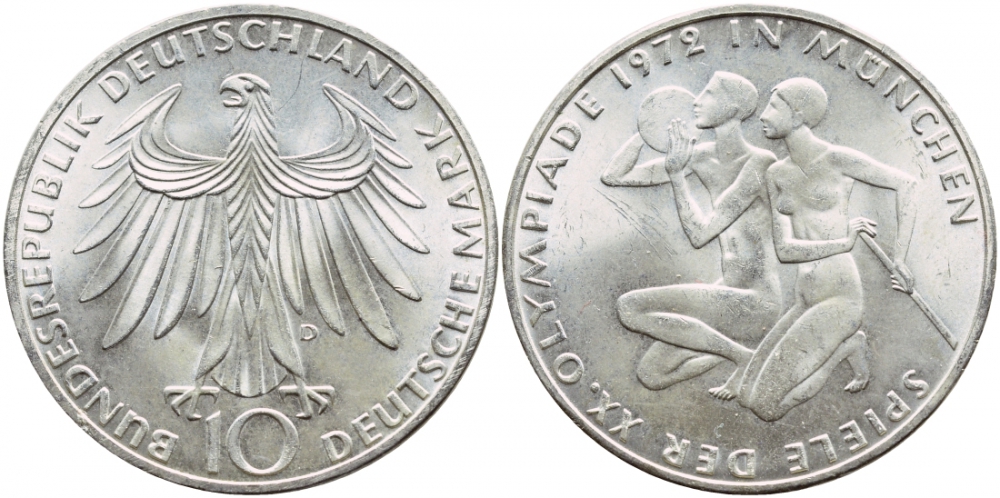 ФРГ 10 марок 1972 D, XX летние Олимпийские Игры, Мюнхен 1972, спортсмены KM 132, J.403 серебро UNC 1520-1435