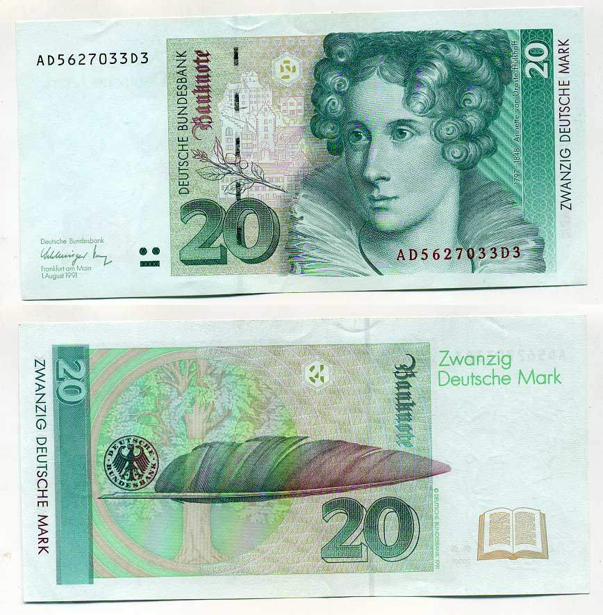 ФРГ 20 МАРОК 1991 ПОДПИСЬ SCHLESINGER-TIETMEYER Pick 39a бумага UNC (ПРЕСС) 6287-26-2