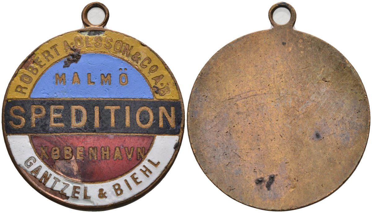 Дания жетон ND "Malmo", экспедирование грузов, цветная эмаль, с ушком для ношения, диаметр 25 мм. жёлтый металл 4591-526