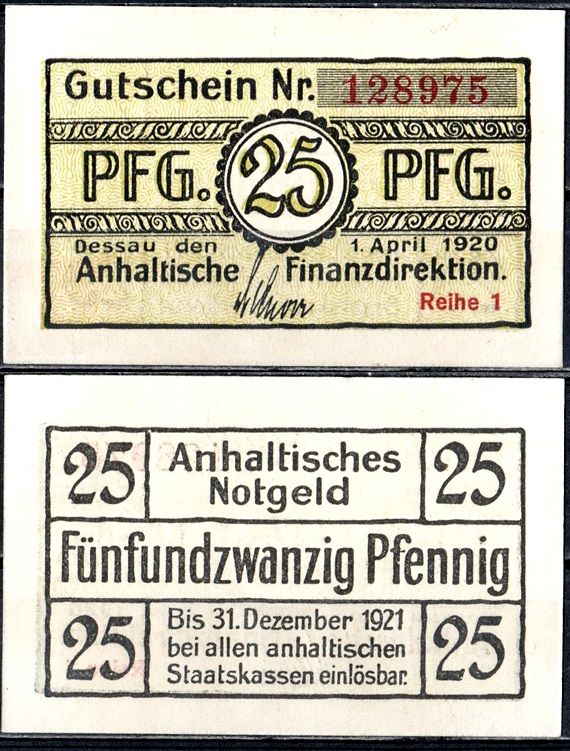 Анхальт 25 пфеннигов 1920 Mehl Grabowski A17.4a бумага UNC (пресс) 7556-44-4-2