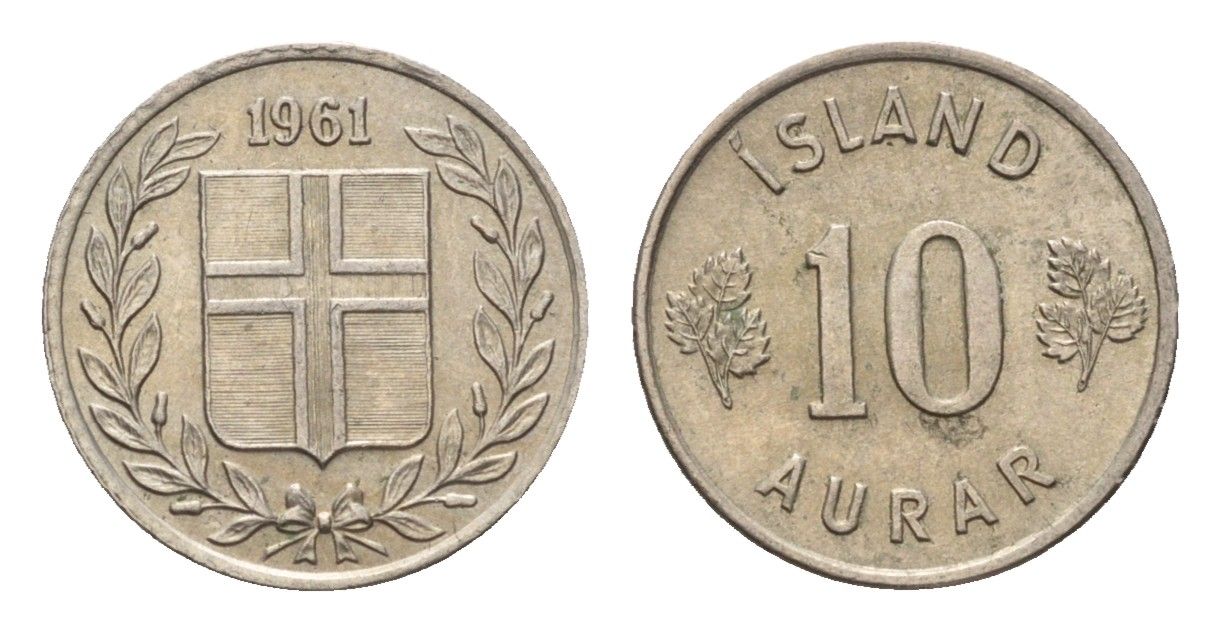 Исландия 10 эйре 1961 KM 10 медно-никель aUNC 4690-665