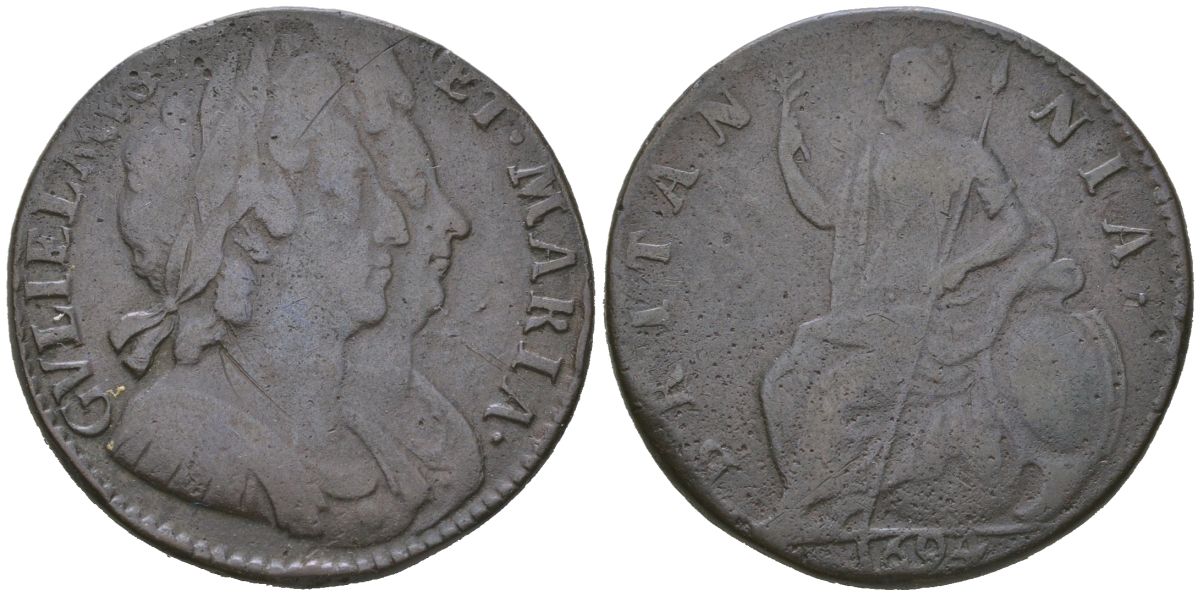 Англия 1/2 пенни 1694 Вильгельм III и Мария II (1689-1694) KM 475.3, Spink 3452 медь 4590-631