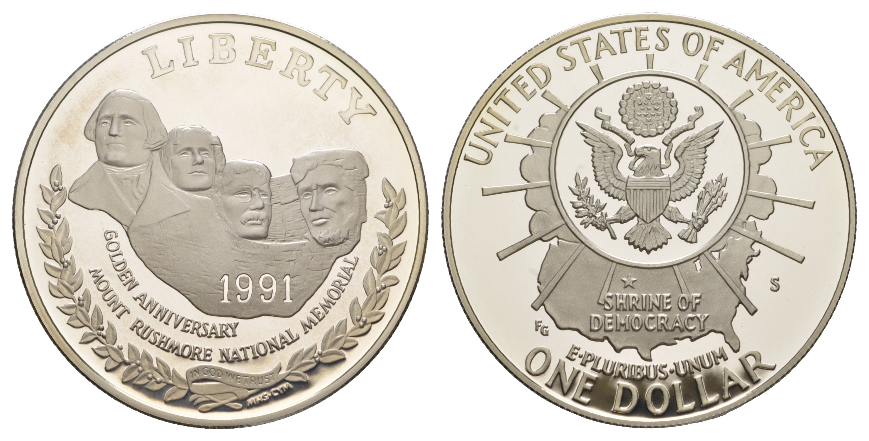 США 1 доллар 1991 S, 50 лет мемориалу президентов, гора Рашмор KM 229 серебро  PROOF  1091-10-41