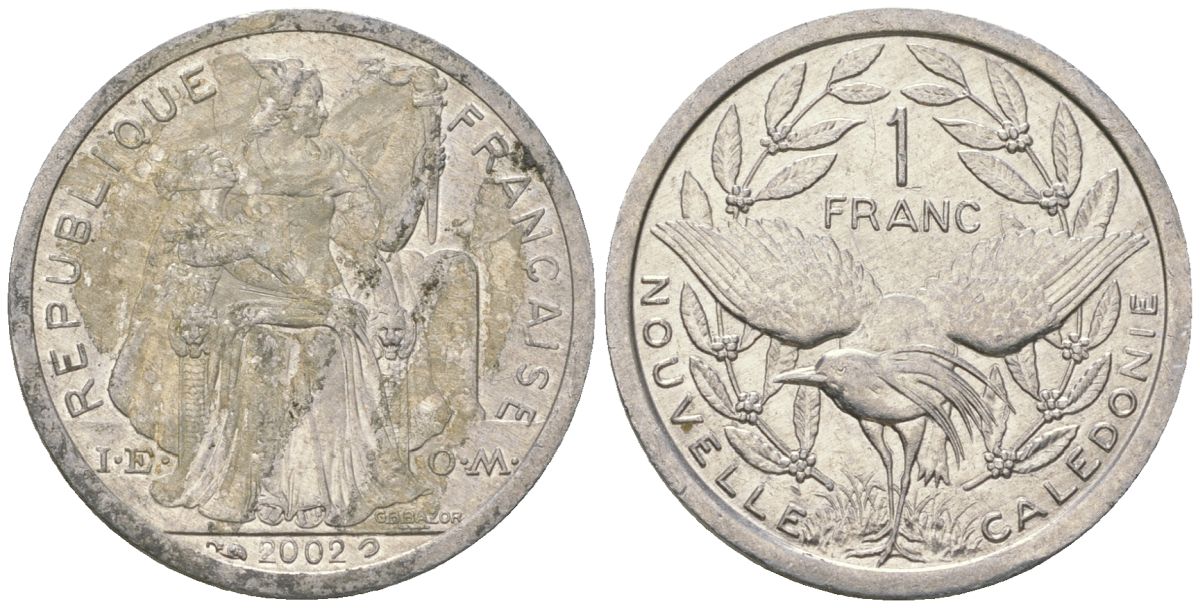 Французская Новая Каледония 1 франк 2002 птица кагу, (IEOM) KM 10, Schoen 10, Lec 52g алюминий 45-1024