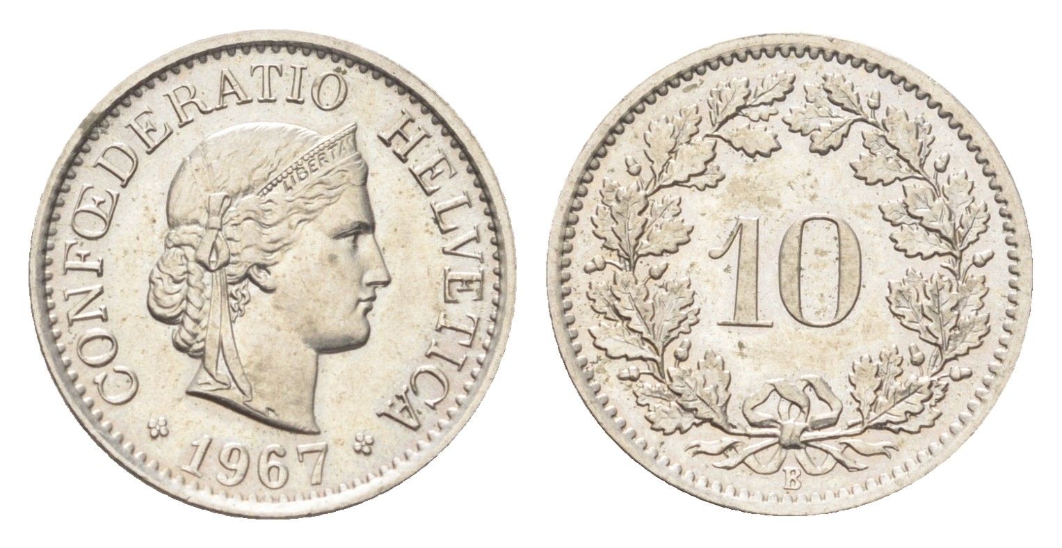 Швейцария 10 раппенов 1967 B KM 27 медно-никель 4708-216