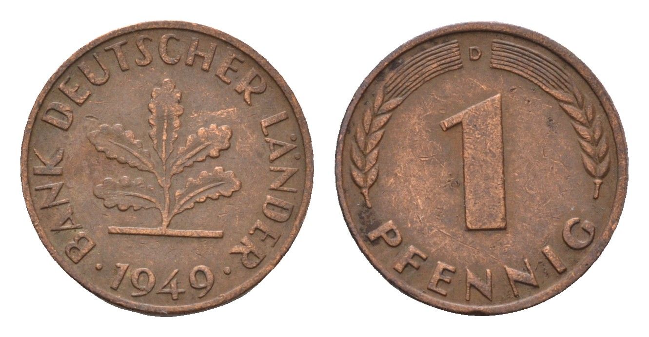ФРГ 1 пфенниг 1949 D KM A101, J. 376 сталь плакированная медью 4685-336