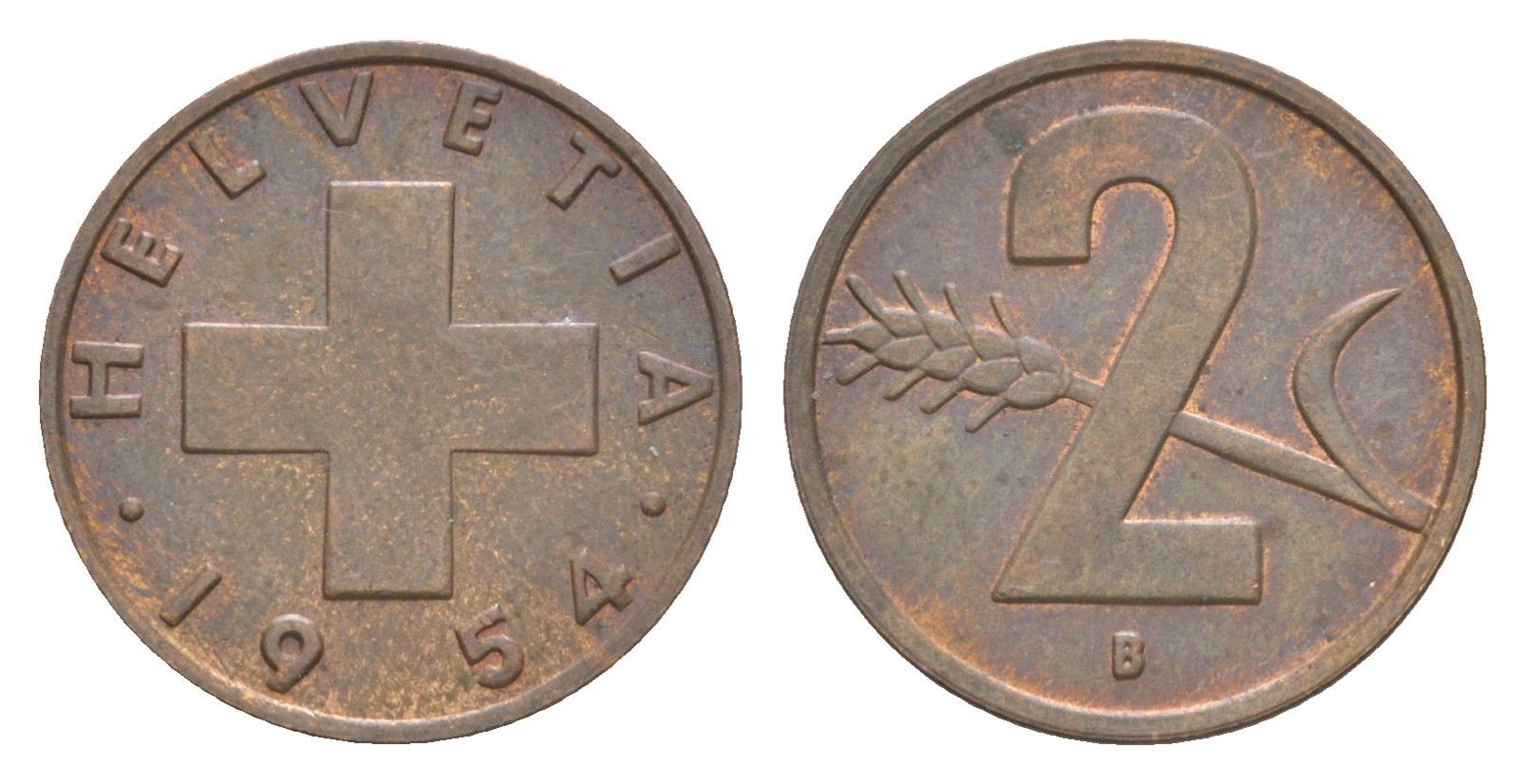 Швейцария 2 раппена 1954 B KM 47 бронза 4630-657