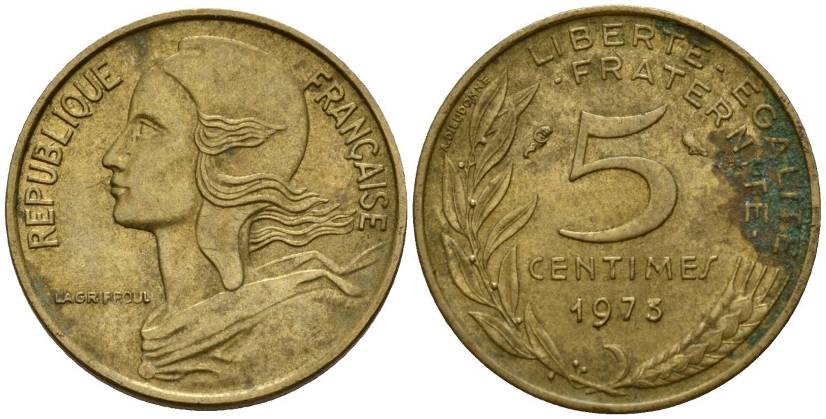 Франция 5 сантимов 1975 KM 933 алюминиевая бронза 4154-1059