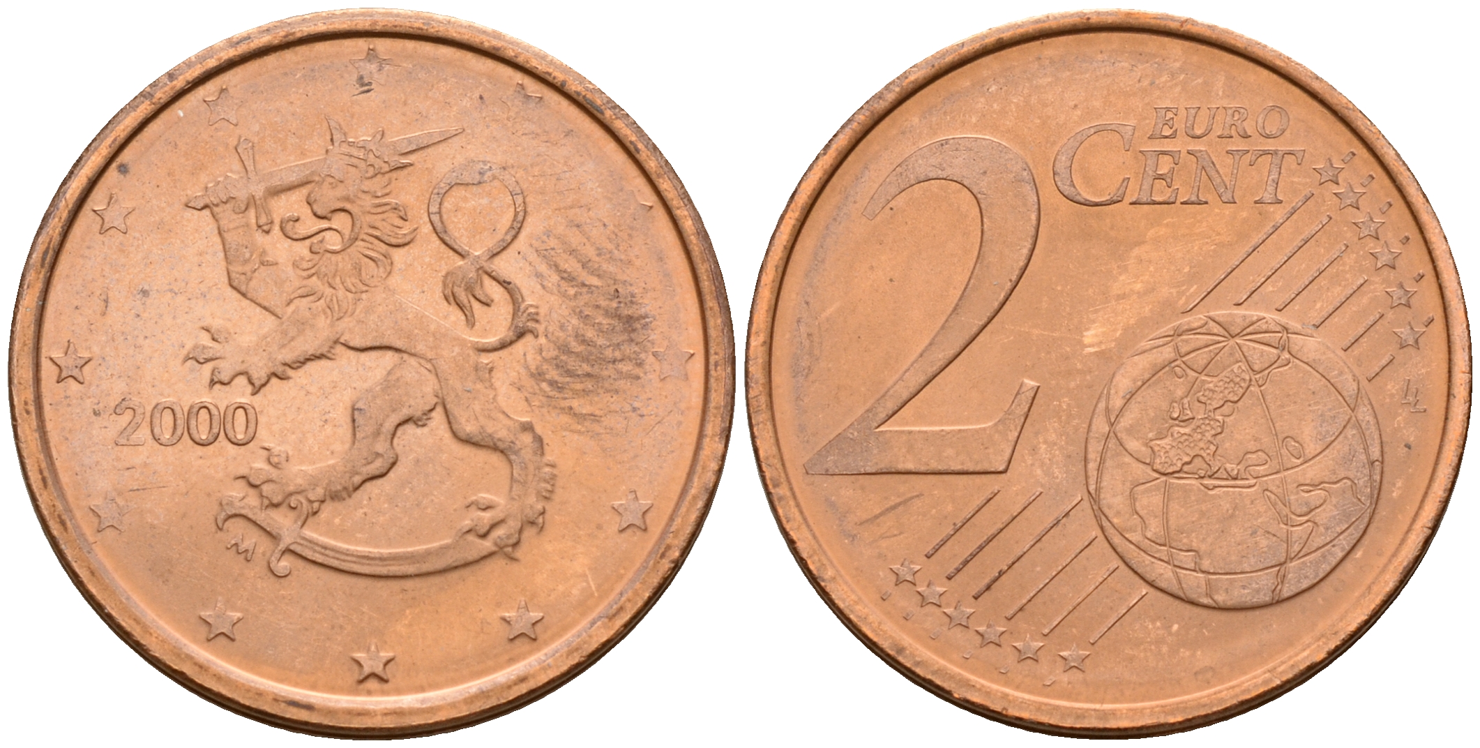 Финляндия 2 евроцента 2000  KM 99 сталь плакированная медью  UNC  4564-366