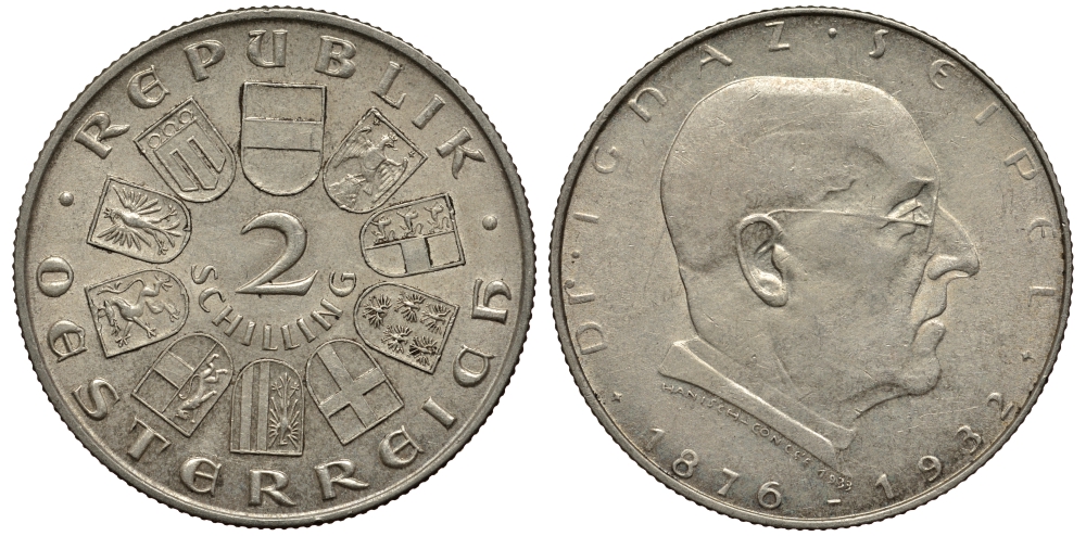 Австрия 2 шиллинга 1933 на смерть канцлера Игнаца Зейпеля KM 2849 серебро 413-2013