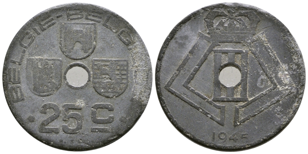 БЕЛЬГИЯ 25 САНТИМОВ 1945 BELGIE-BELGIQUE KM 132 цинк 177-1031
