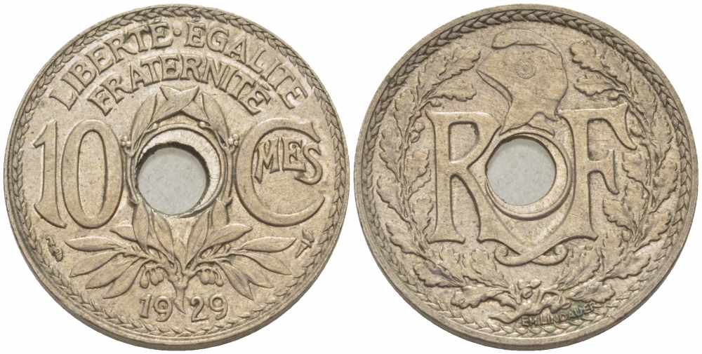ФРАНЦИЯ 10 САНТИМОВ 1929 ТИП ЛИНДАЙЁ KM 866а, LE FRANC 138.16 медно-никель 108-157