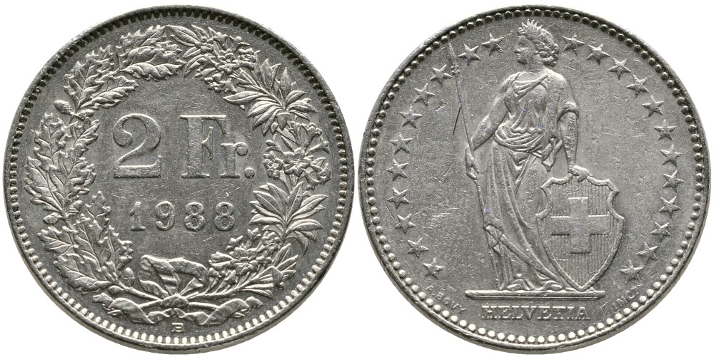 Швейцария 2 франка 1988 В KM 21а.3 медно-никель 4538-227