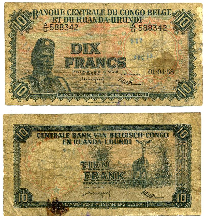 Бельгийское Конго 10 франков 1958 1 апреля 1958, Солдат "Общественных сил" (Аскари), антилопа Pick 30 b бумага 2119-7-2-1