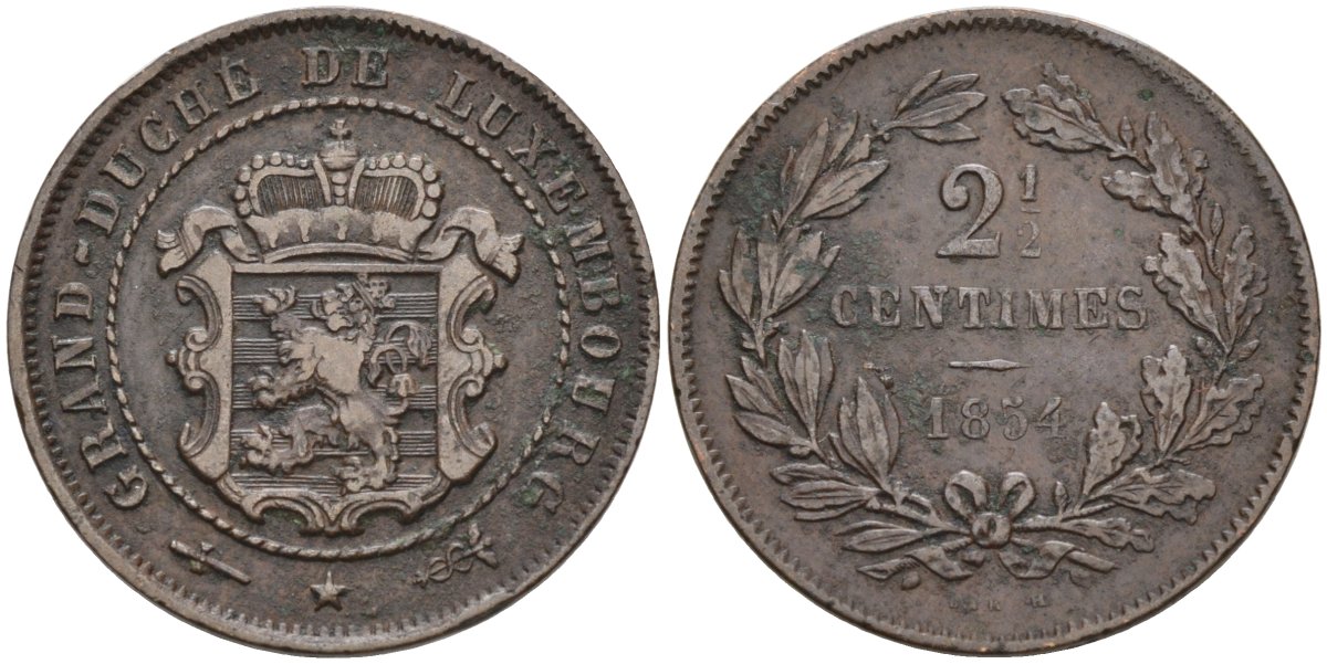 Люксембург 2 1/2 сантима 1854 Виллем III (1849-1890) KM 21 бронза 4575-717