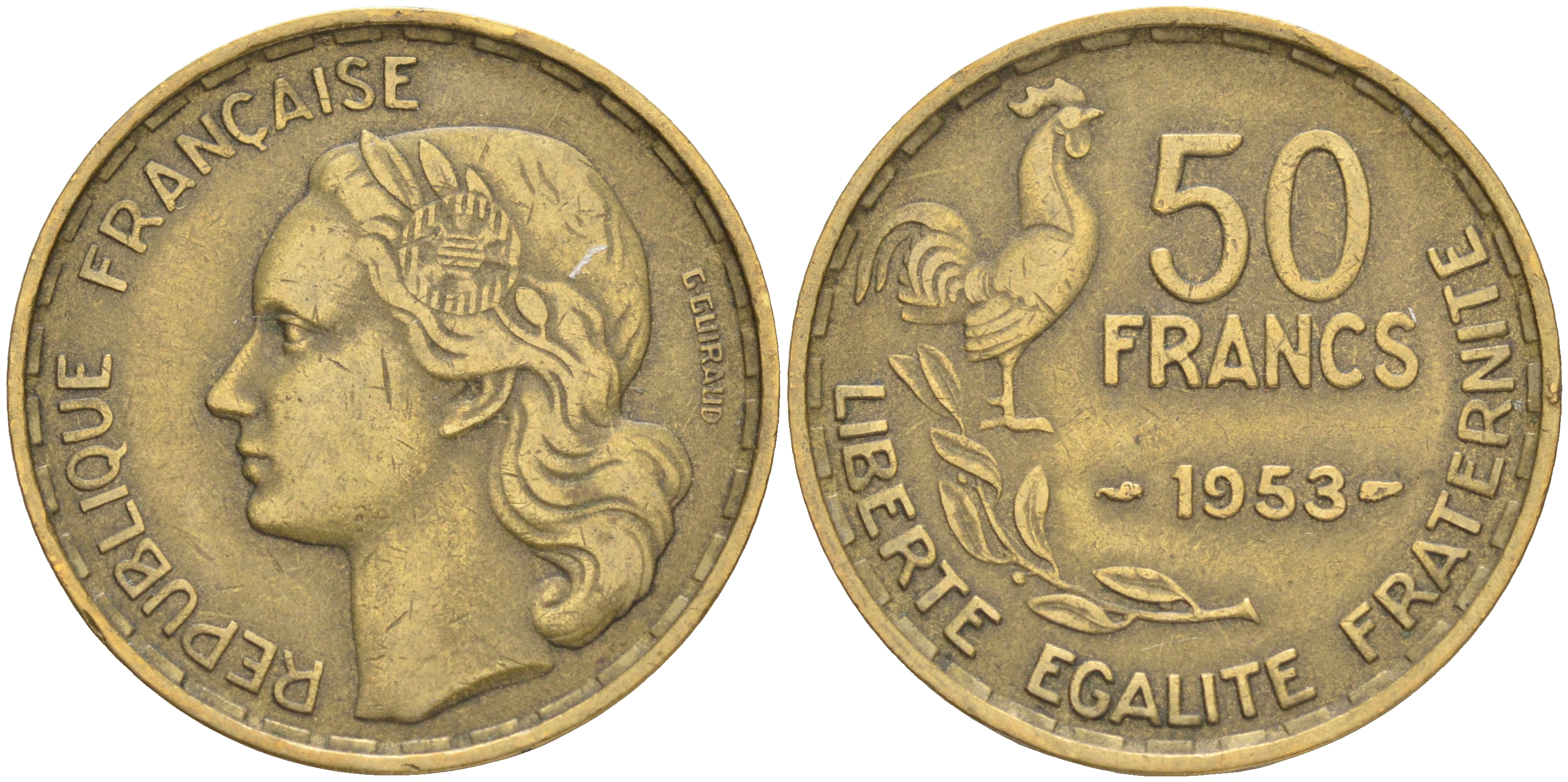 ФРАНЦИЯ 50 ФРАНКОВ 1953 KM 918.1 алюминиевая бронза 189-324