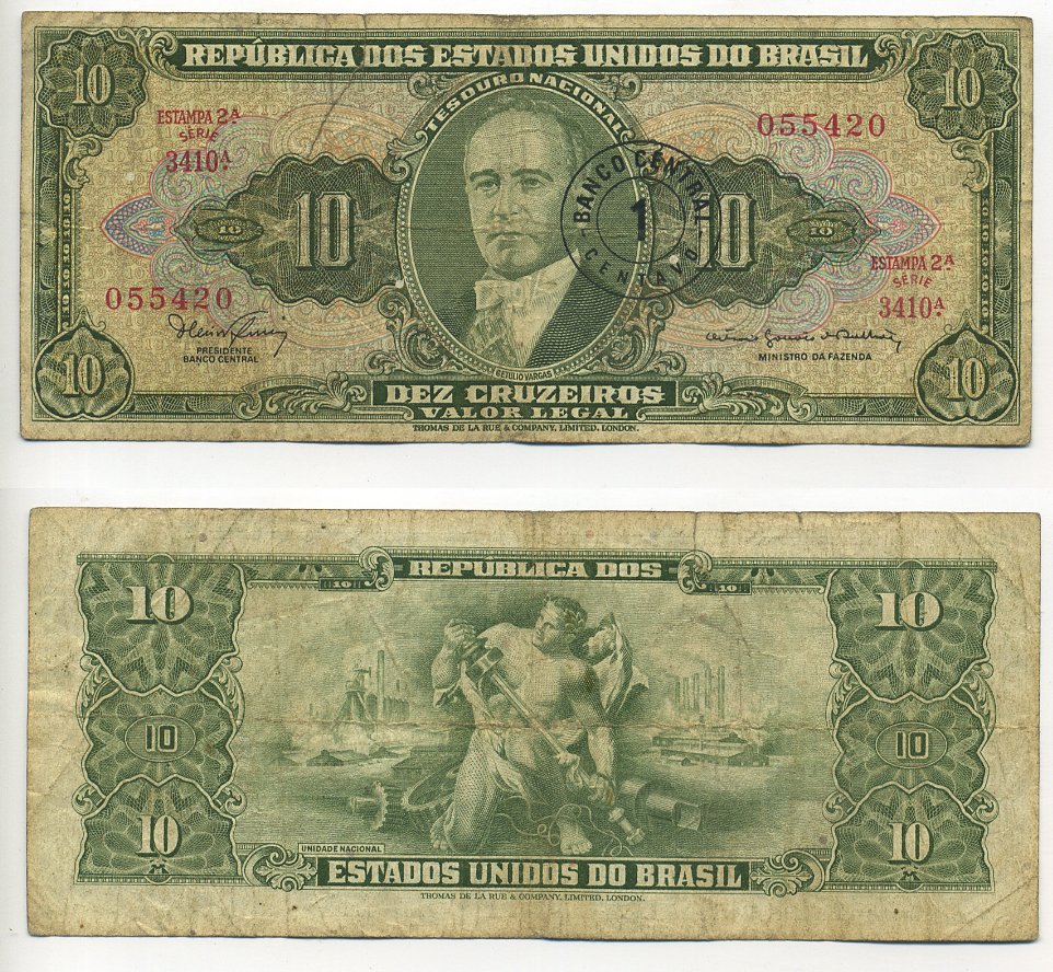 БРАЗИЛИЯ 1 СЕНТАВО 1967 НАДПЕЧАТКА НА 10 КРУЗЕЙРО, СЕРИЯ 3410, ESTAMPA 2A, ЖЕТУЛИУ ВАРГАС Pick 183b бумага 6301-16-4