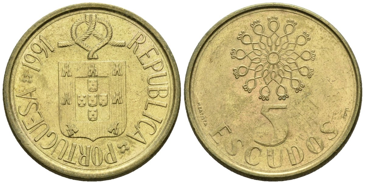 Португалия 5 эскудо 1991 KM 632 никель латунь 4148-457