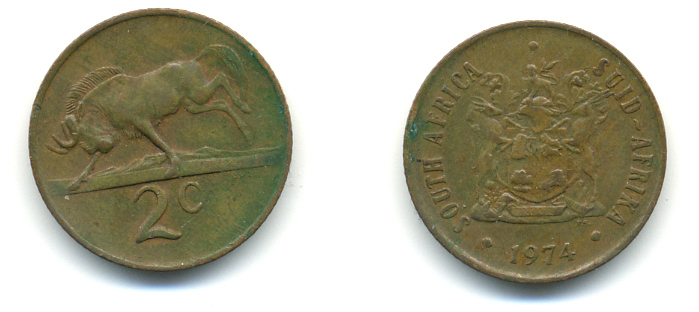 ЮАР 2 цента 1974 герб, антилопа гну KM 83 бронза 86-1232
