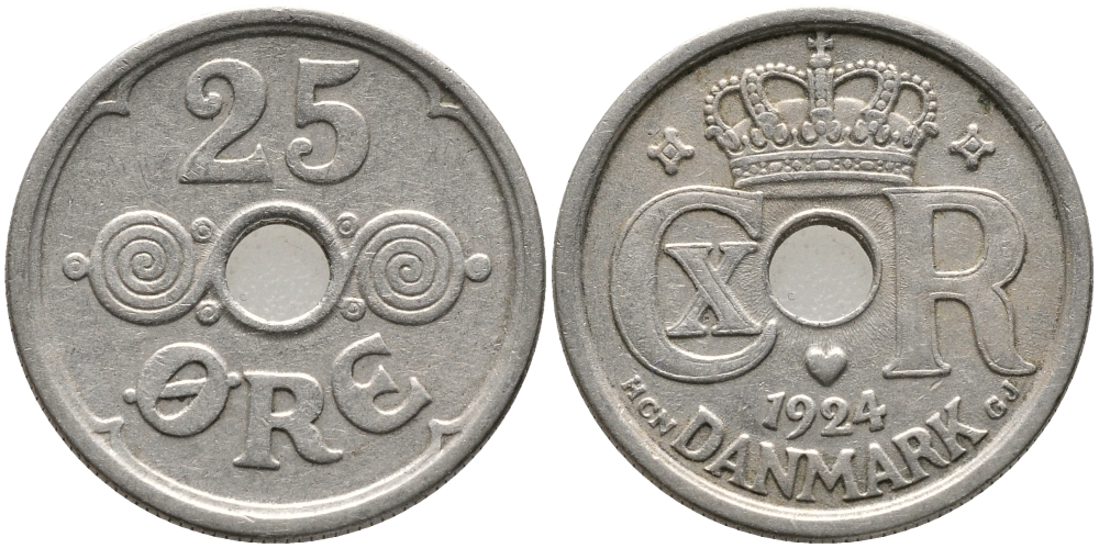 Дания 25 эре 1924 NCN; GJ Кристиан X (1912-1947) KM 823.1 медно-никель 28-1111