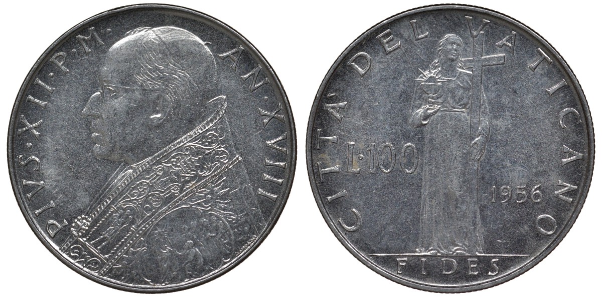 Ватикан 100 лир 1956 Пий XII KM 55 нержавеющая сталь UNC 4123-843