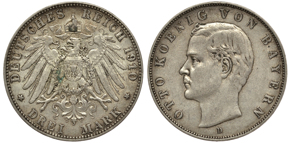 Бавария 3 марки 1910 Отто (1886-1913) Weege 45, J. 47, KM 515 серебро 413-912