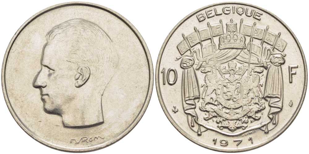 Бельгия 10 франков 1971 Belgique, Бодуэн I (1951-1993) KM 155.1 никель 38-643