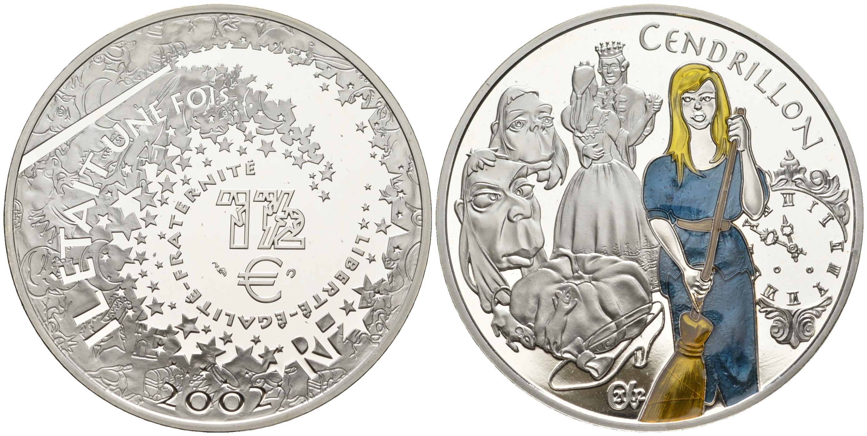 Франция 1 1/2 евро 2002 серия сказки, Золушка, эмаль, в оригинальной коробке, с сертификатом KM 1841 серебро  PROOF  7-3-1-25