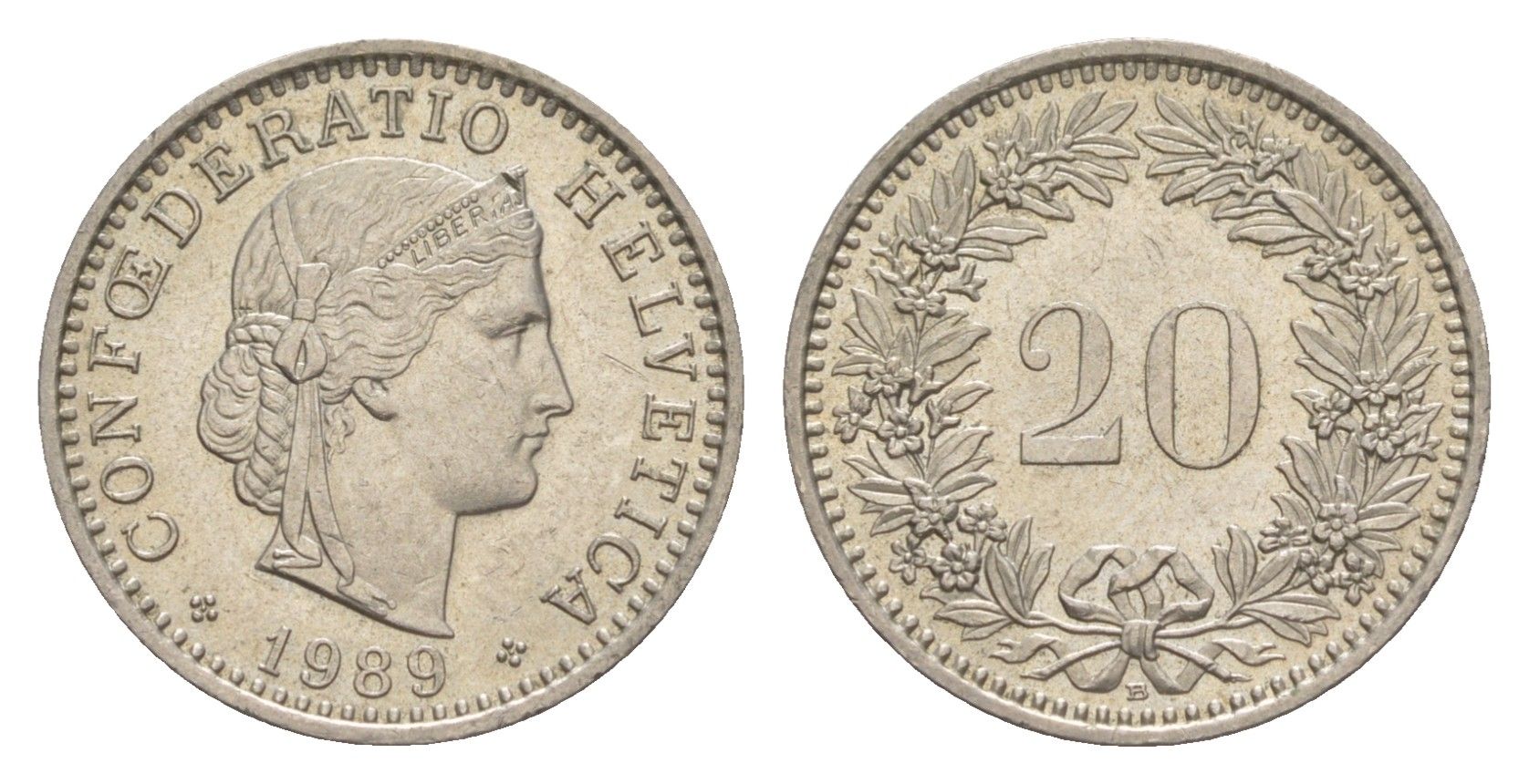 Швейцария 20 раппенов 1989 B KM 29a медно-никель 4623-514