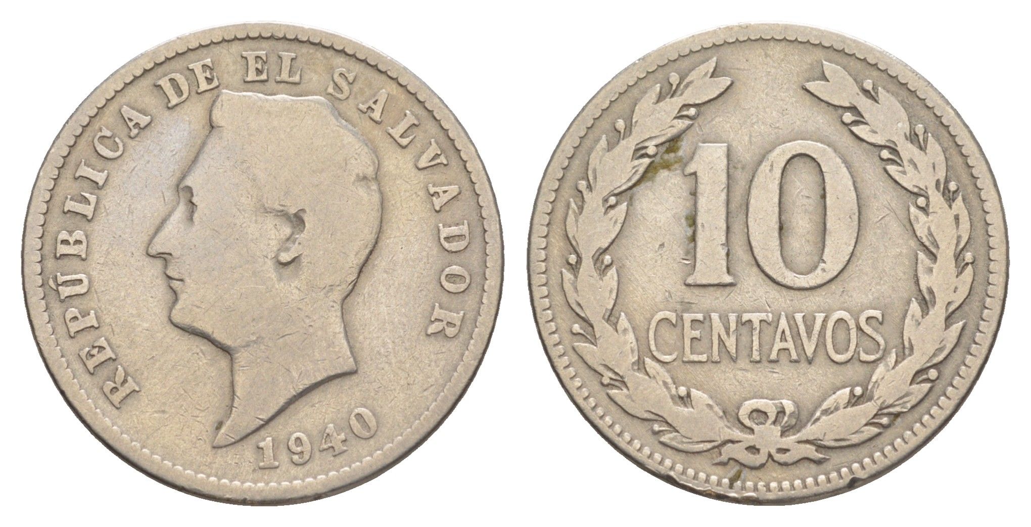 Сальвадор 10 сентаво 1940 самый редкий год типажа KM 130 медно-никель 4642-743