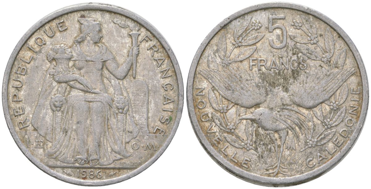 Французская Новая Каледония 5 франков 1986 птица кагу, (IEOM) KM 16, Schoen 12, Lec 76 алюминий 180-826