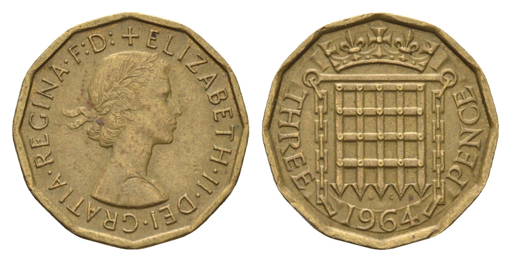 Великобритания 3 пенса 1964 Елизавета II (1952-2022) KM 900, Spink 4153 никель латунь 4671-1153