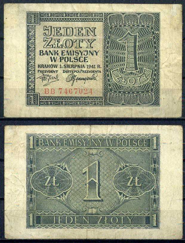 Польша 1 злотый 1941 Pick 99 (2) бумага 8605-27-1-2