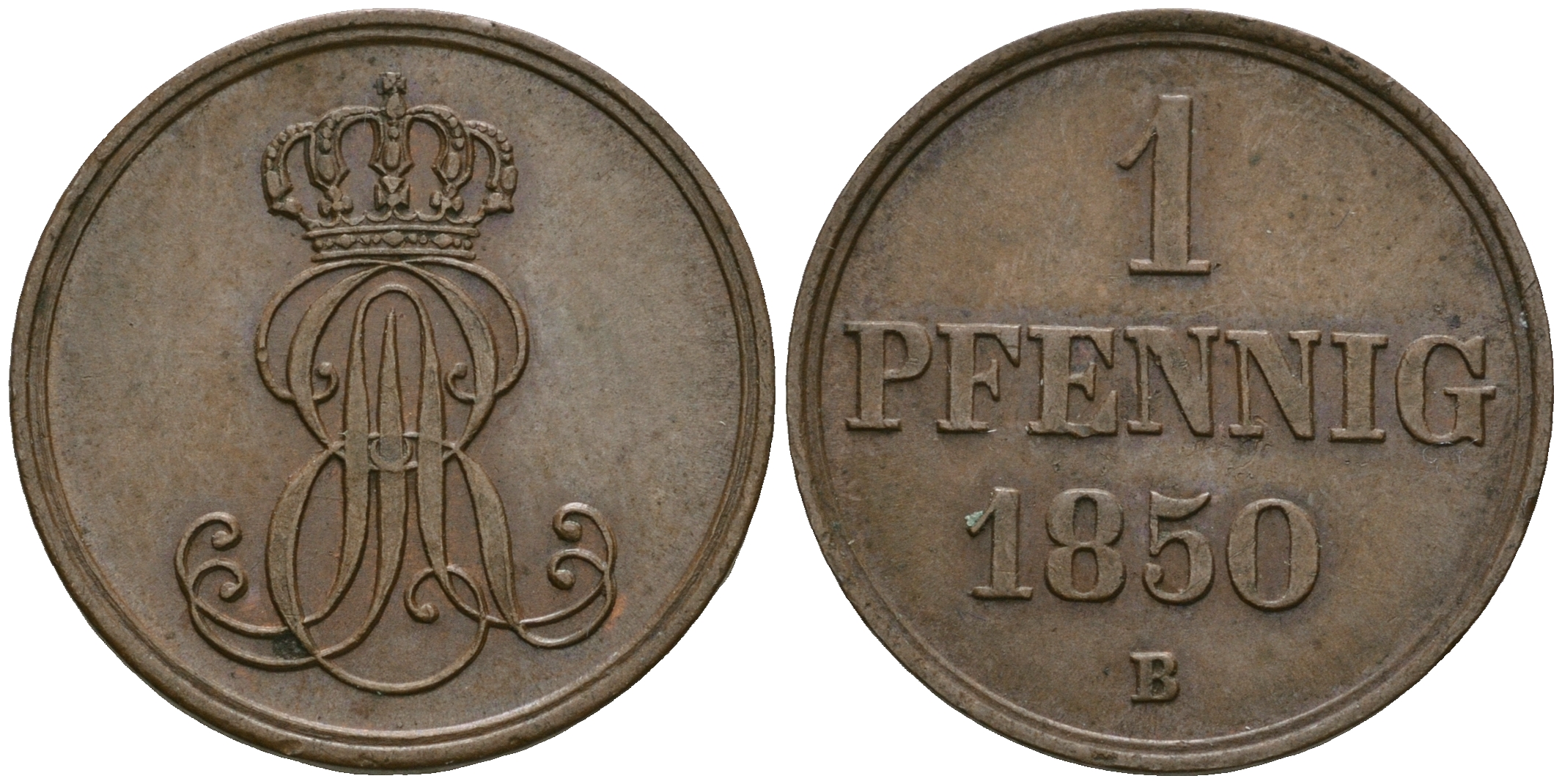 Ганновер 1 пфенниг 1850 B, Эрнст Август (1837-1851) KM 201.1, AKS 129, J. 74 медь 4608-1058