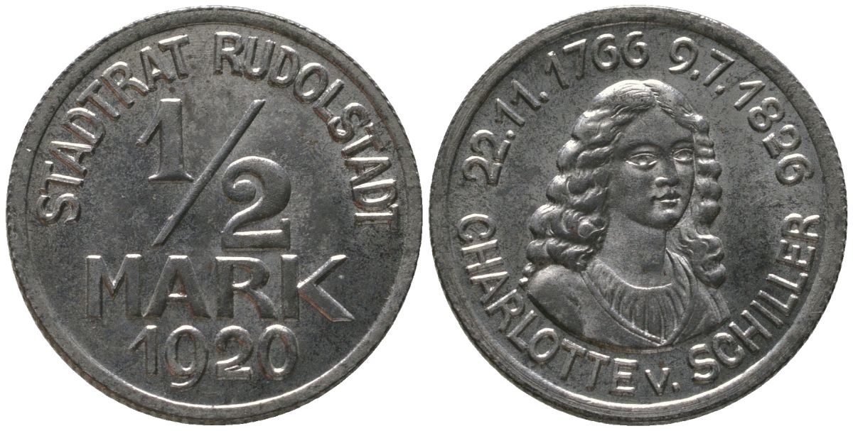 Рудольштадт (Тюрингия) 1/2 марки 1920 Funck 457.9A, Men18 27630.8 железо aUNC 4586-1023