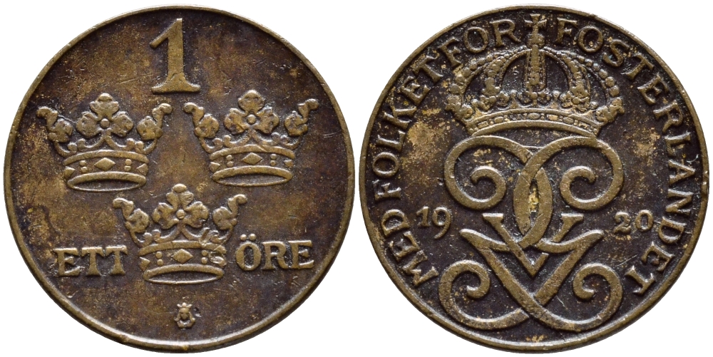 Швеция 1 эре 1920 Густав V (1907-1950) KM 777.2 бронза 4396-166